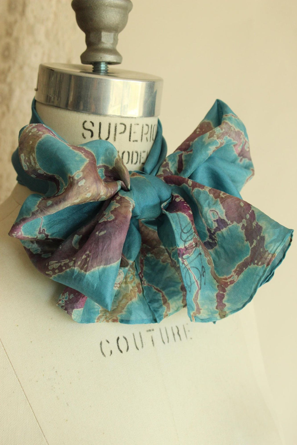 Vintage Silk Scarf, Artisan Made Blue and Purple Batik Print Rectangle Wrap