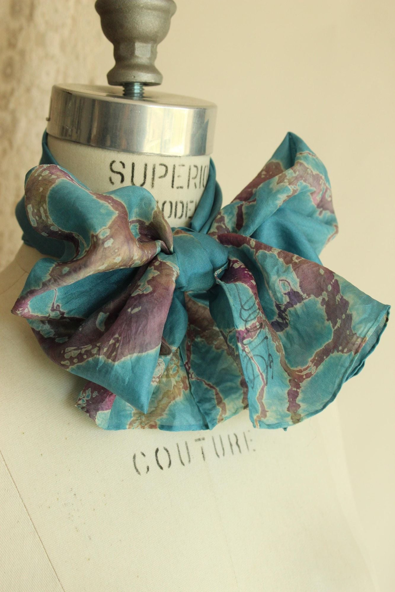 Vintage Silk Scarf, Artisan Made Blue and Purple Batik Print Rectangle Wrap