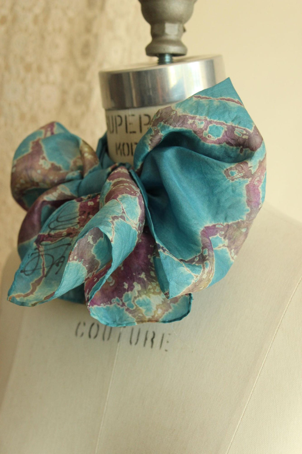 Vintage Silk Scarf, Artisan Made Blue and Purple Batik Print Rectangle Wrap