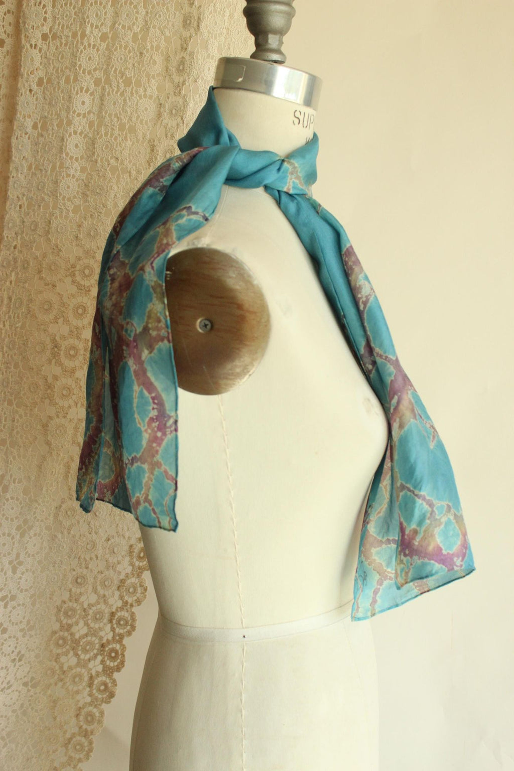 Vintage Silk Scarf, Artisan Made Blue and Purple Batik Print Rectangle Wrap
