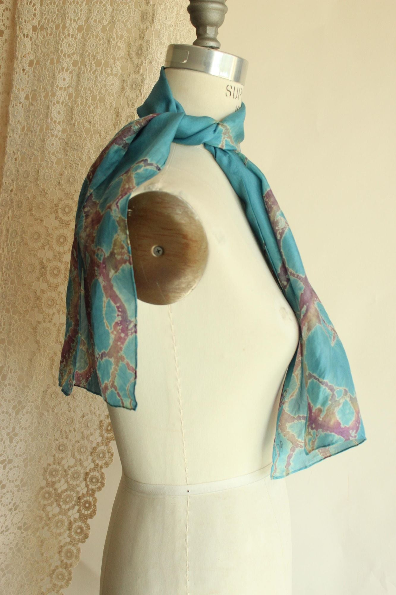 Vintage Silk Scarf, Artisan Made Blue and Purple Batik Print Rectangle Wrap