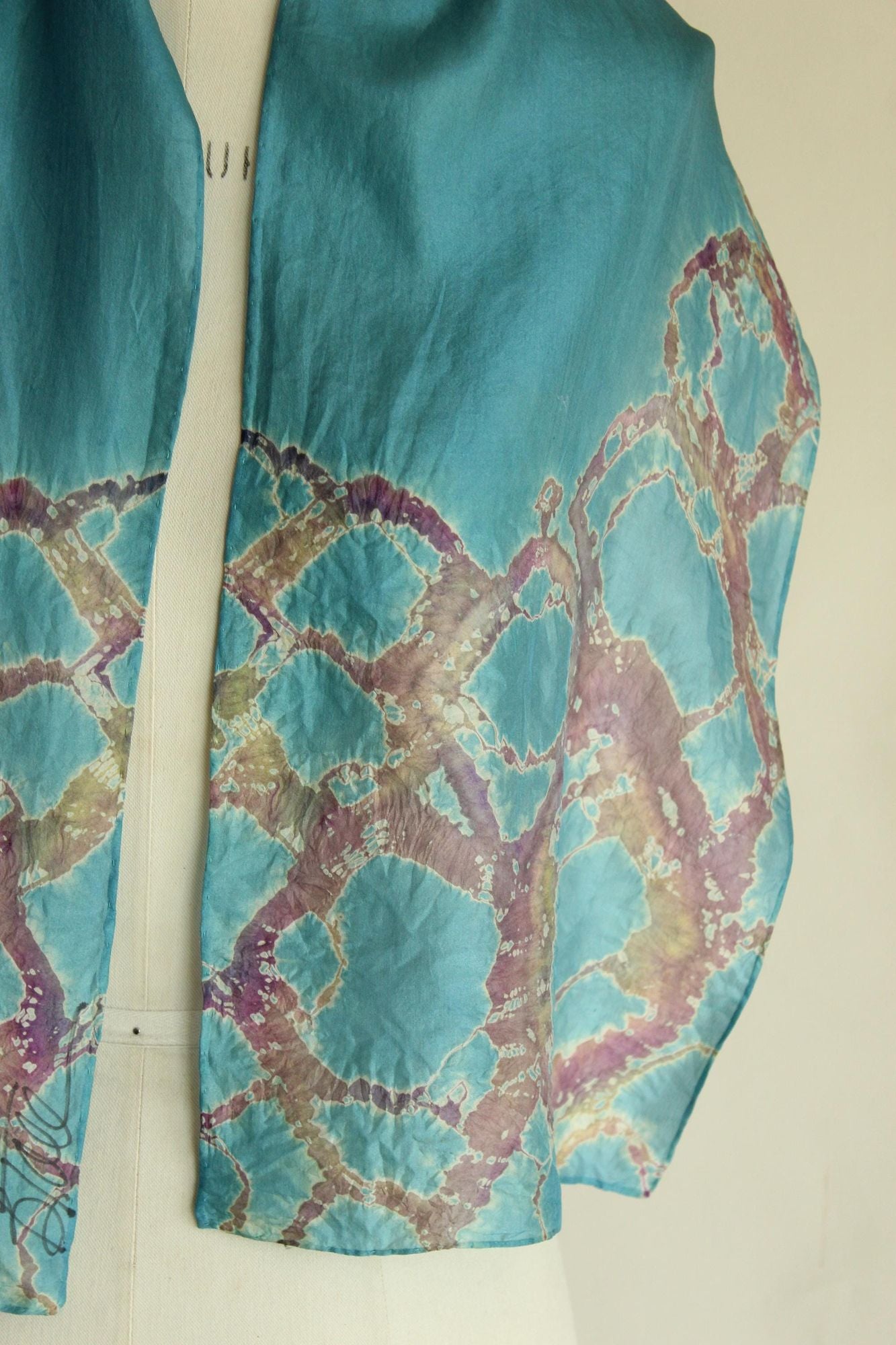 Vintage Silk Scarf, Artisan Made Blue and Purple Batik Print Rectangle Wrap