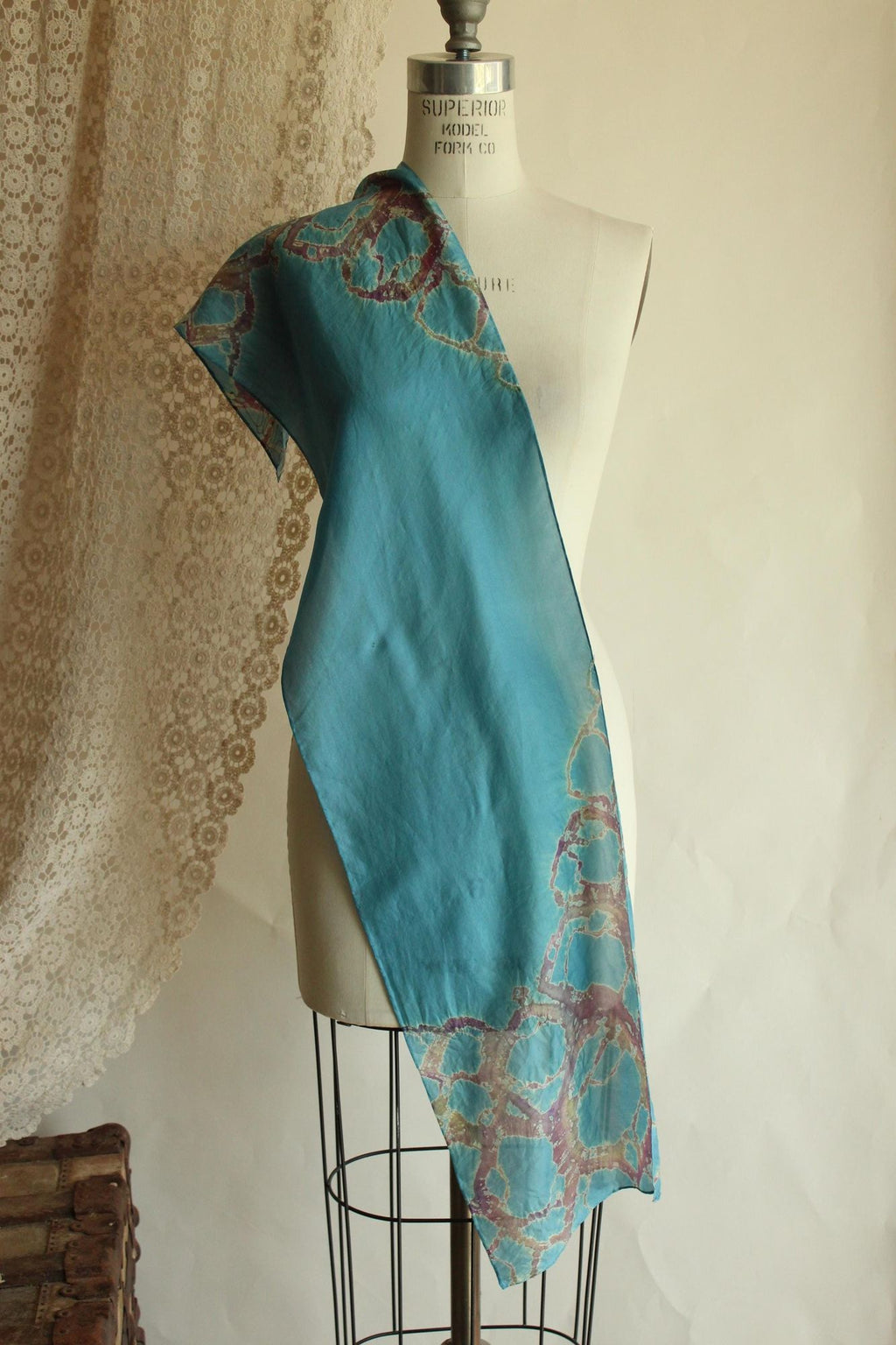 Vintage Silk Scarf, Artisan Made Blue and Purple Batik Print Rectangle Wrap