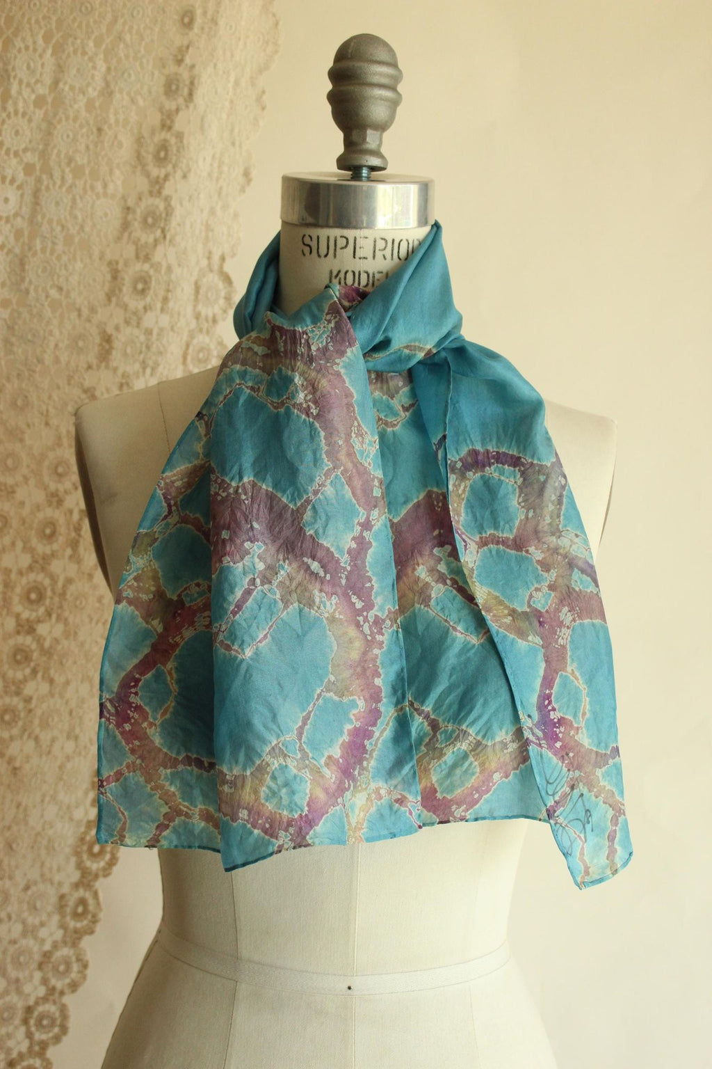 Vintage Silk Scarf, Artisan Made Blue and Purple Batik Print Rectangle Wrap