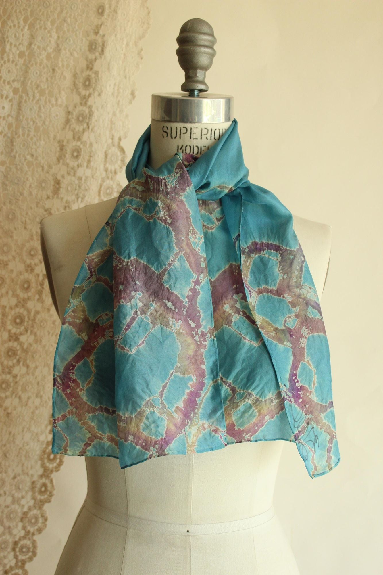 Vintage Silk Scarf, Artisan Made Blue and Purple Batik Print Rectangle Wrap