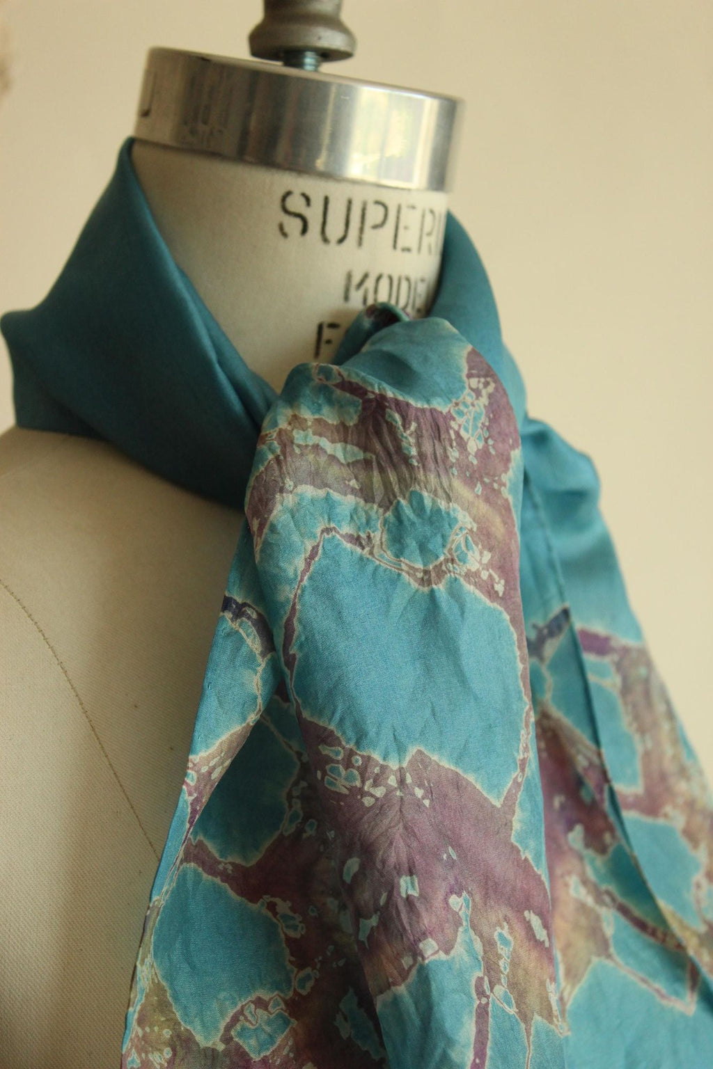 Vintage Silk Scarf, Artisan Made Blue and Purple Batik Print Rectangle Wrap