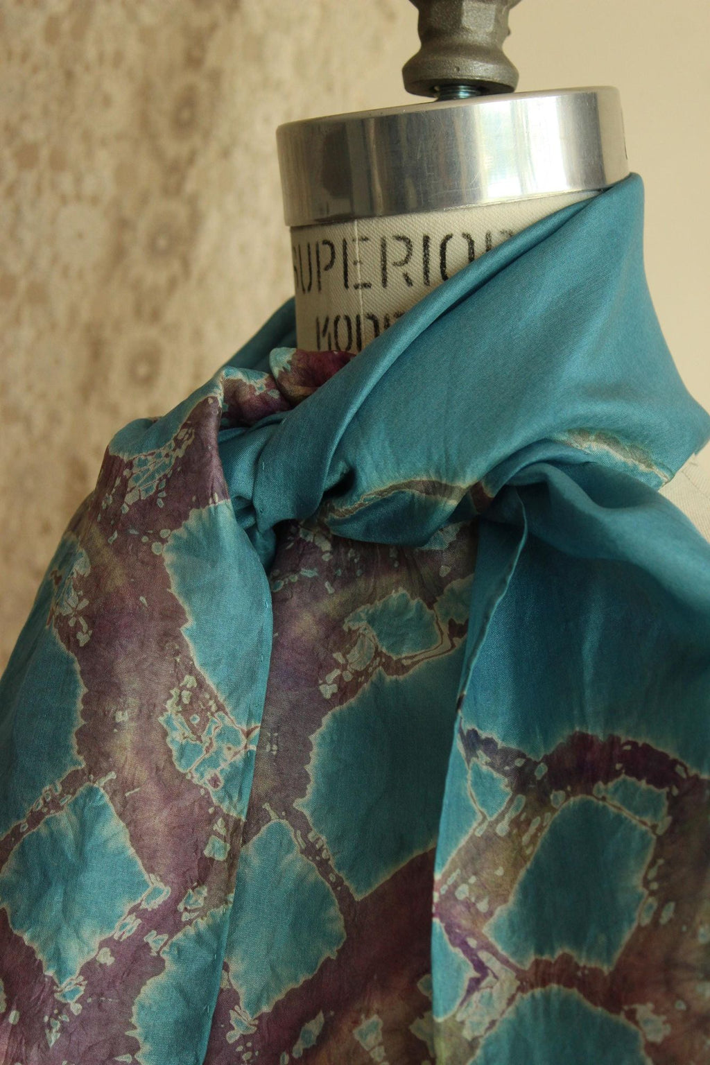 Vintage Silk Scarf, Artisan Made Blue and Purple Batik Print Rectangle Wrap