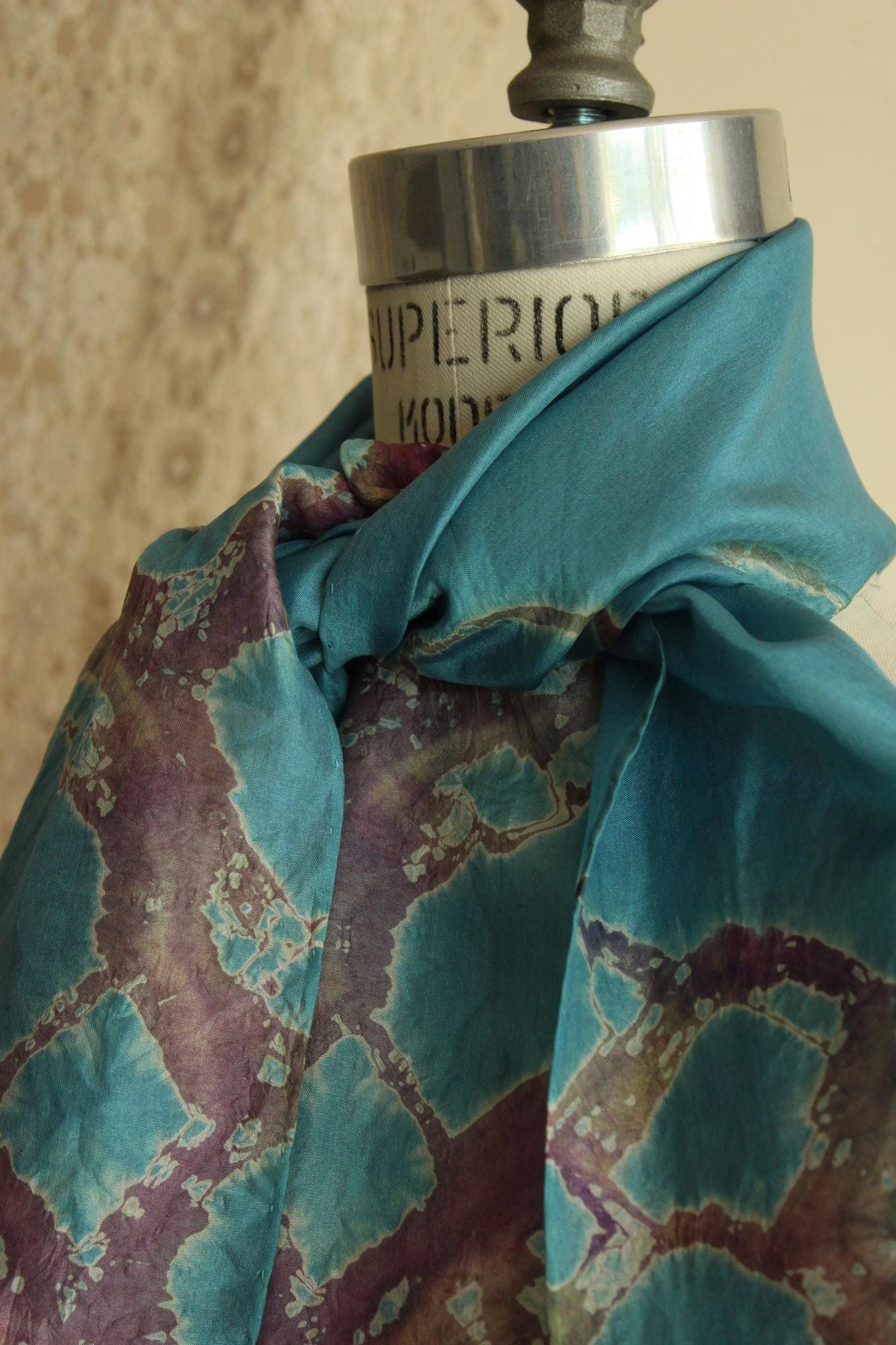 Vintage Silk Scarf, Artisan Made Blue and Purple Batik Print Rectangle Wrap