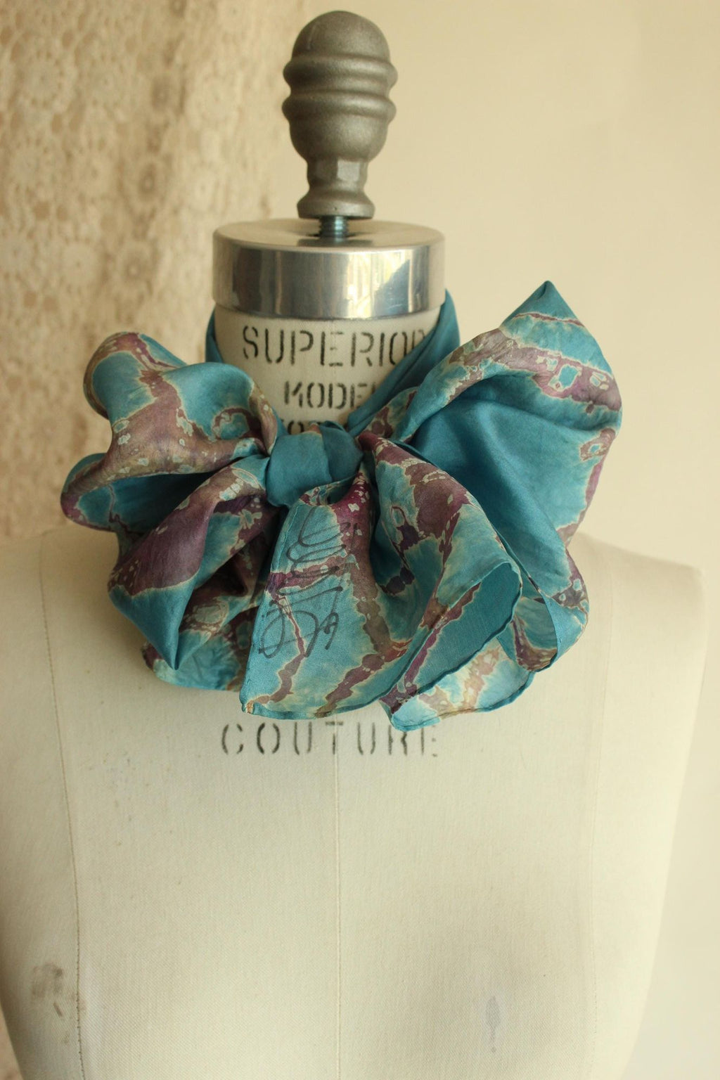 Vintage Silk Scarf, Artisan Made Blue and Purple Batik Print Rectangle Wrap