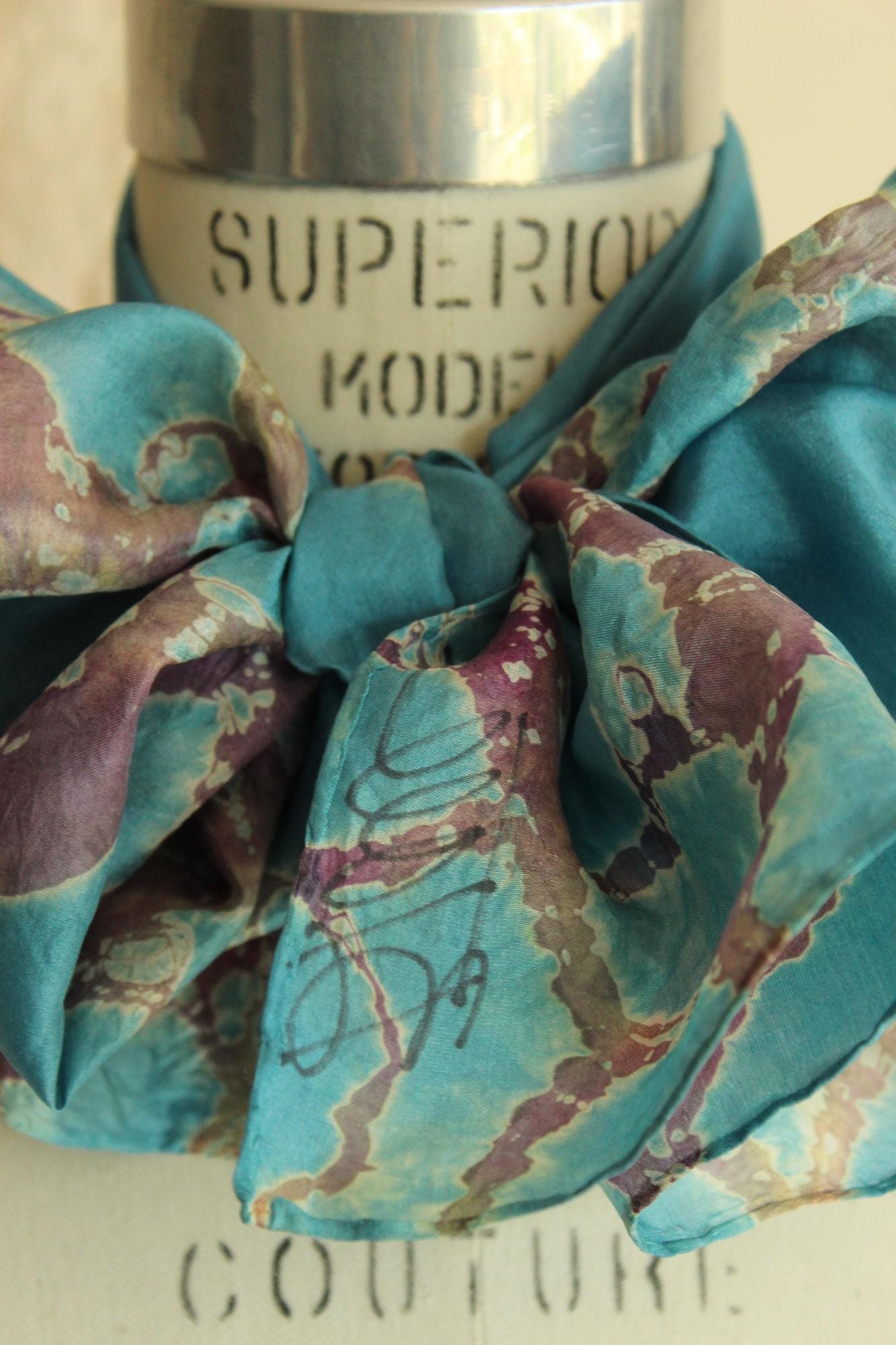 Vintage Silk Scarf, Artisan Made Blue and Purple Batik Print Rectangle Wrap