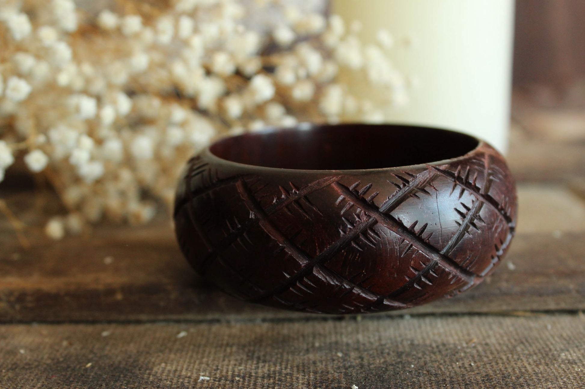Vintage Brown Wood Carved Bangle Bracelet, Made in India