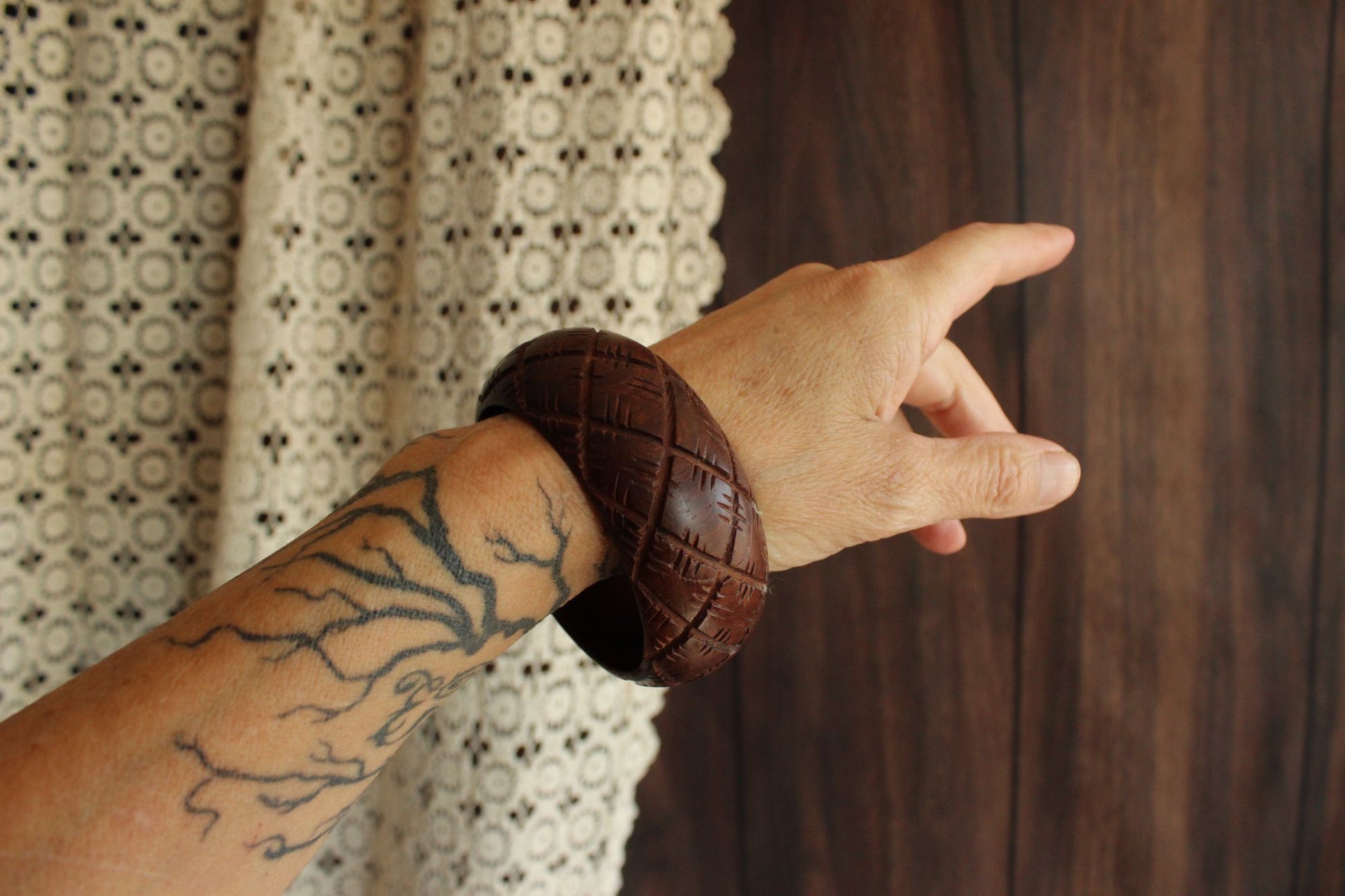 Vintage Brown Wood Carved Bangle Bracelet, Made in India
