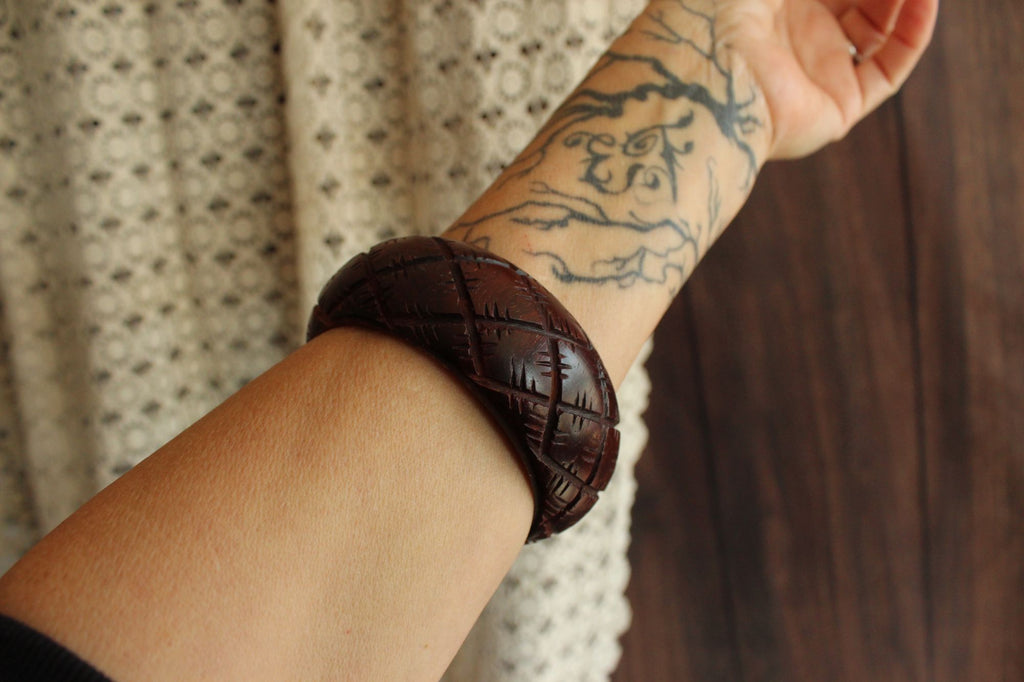 Vintage Brown Wood Carved Bangle Bracelet, Made in India