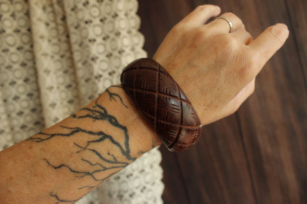 Vintage Brown Wood Carved Bangle Bracelet, Made in India