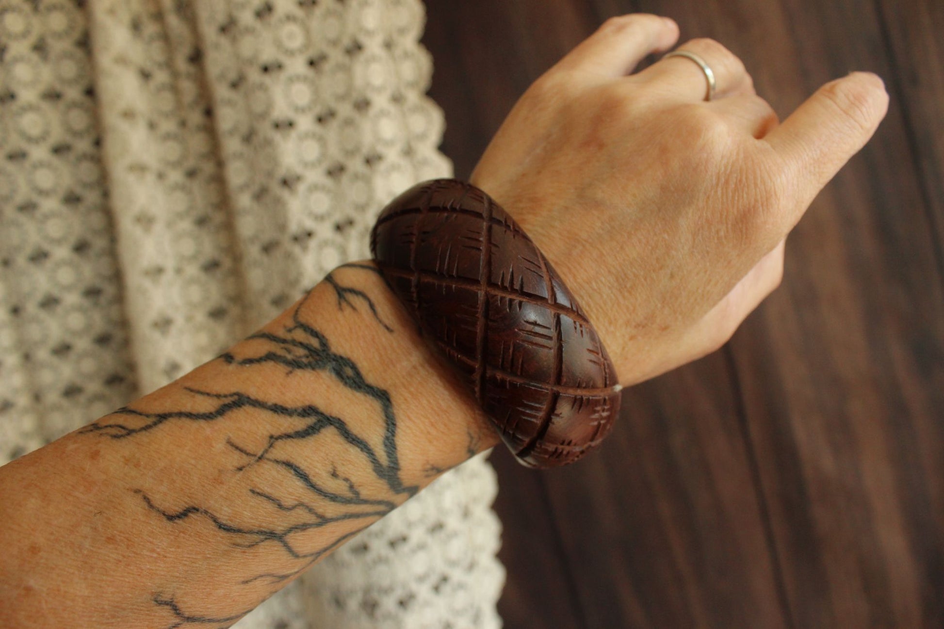 Vintage Brown Wood Carved Bangle Bracelet, Made in India