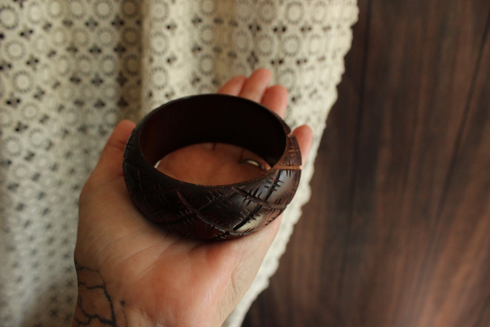 Vintage Brown Wood Carved Bangle Bracelet, Made in India