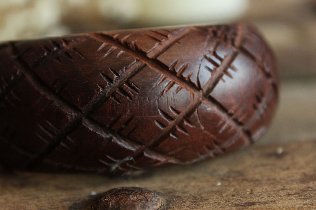 Vintage Brown Wood Carved Bangle Bracelet, Made in India