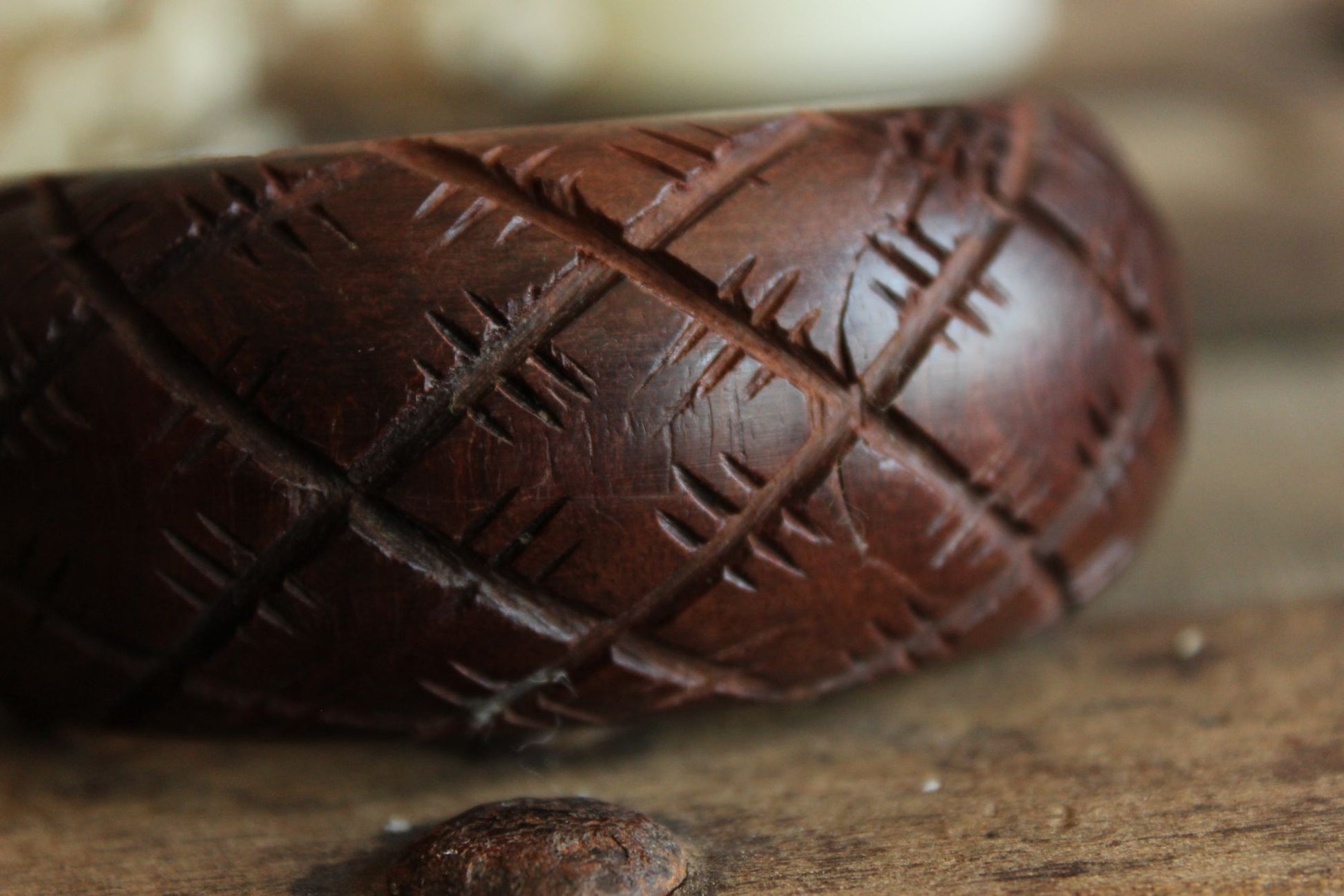 Vintage Brown Wood Carved Bangle Bracelet, Made in India