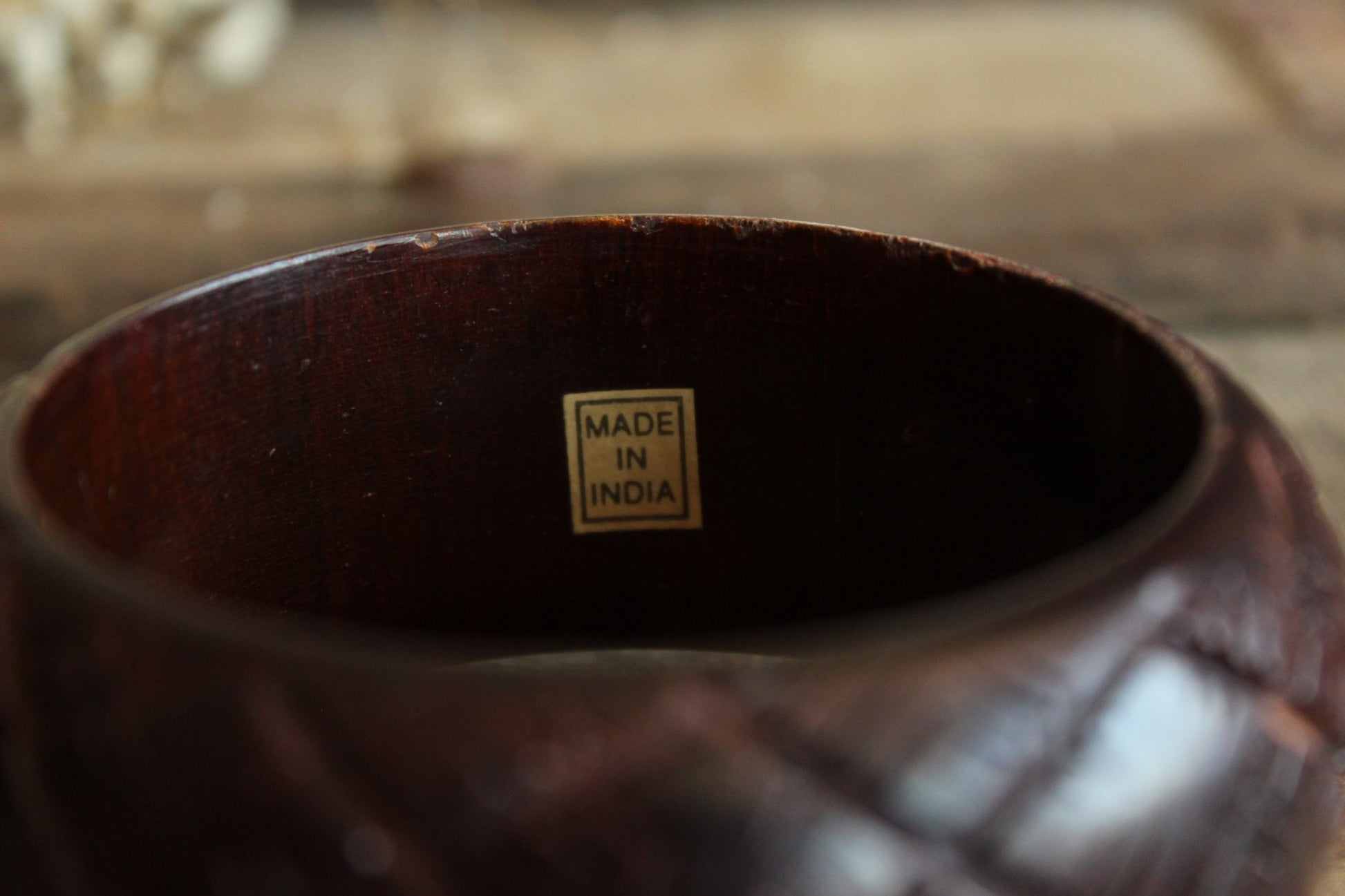 Vintage Brown Wood Carved Bangle Bracelet, Made in India
