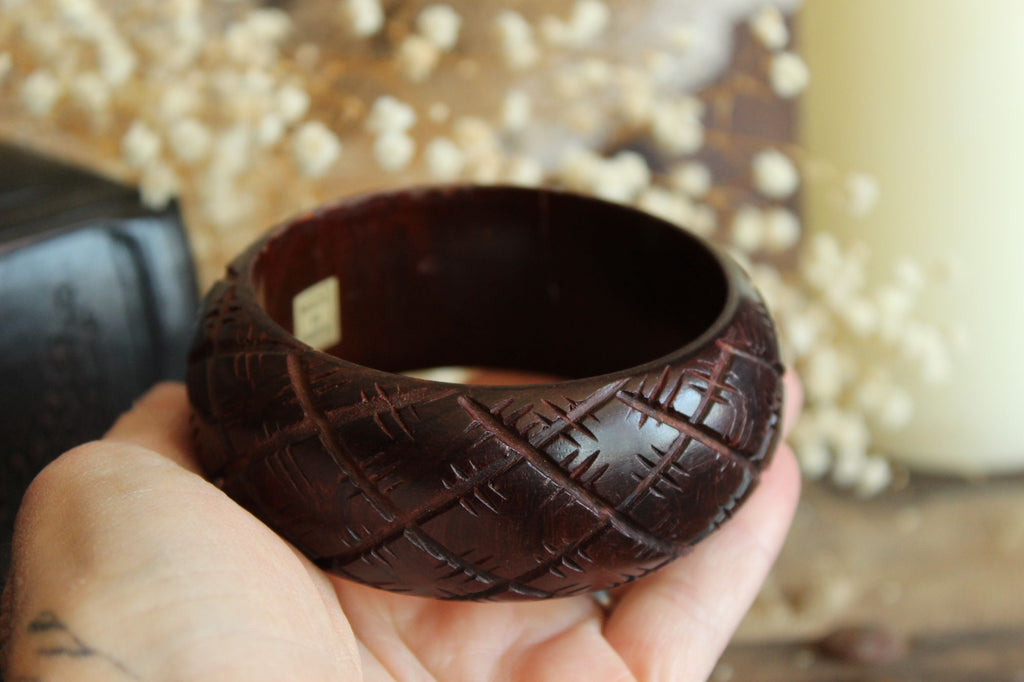 Vintage Brown Wood Carved Bangle Bracelet, Made in India