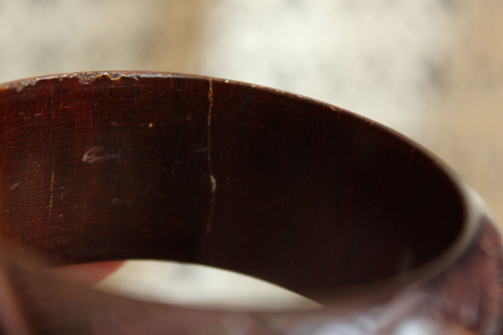 Vintage Brown Wood Carved Bangle Bracelet, Made in India