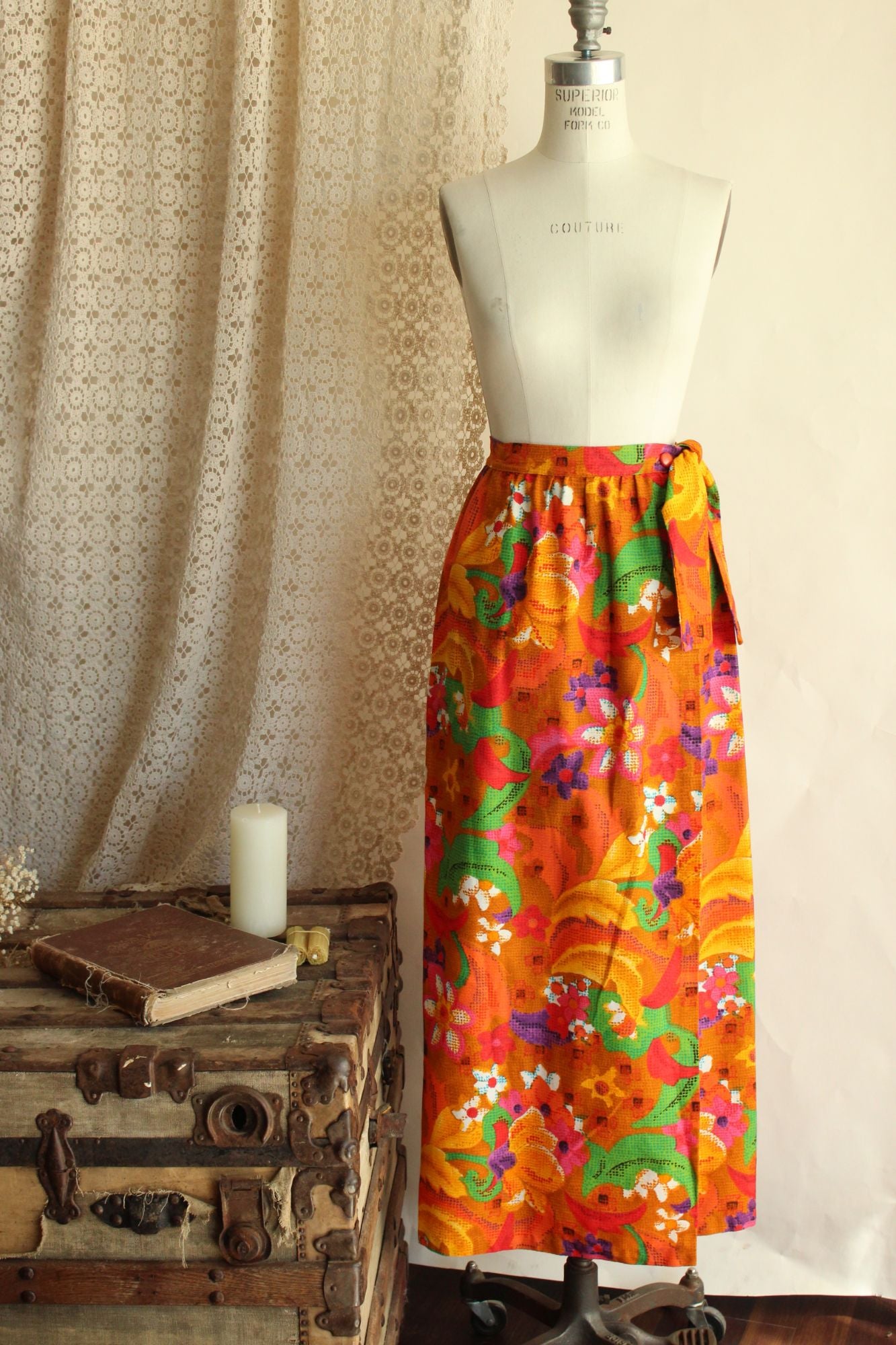 Vintage 1960s Skirt / Beverly Vogue Wrap Maxi Skirt / Flower Power