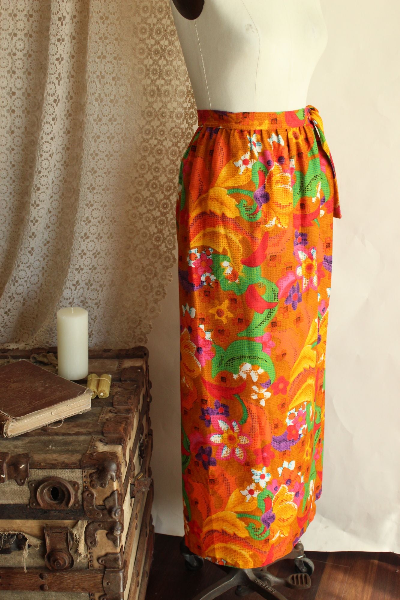 Vintage 1960s Skirt / Beverly Vogue Wrap Maxi Skirt / Flower Power