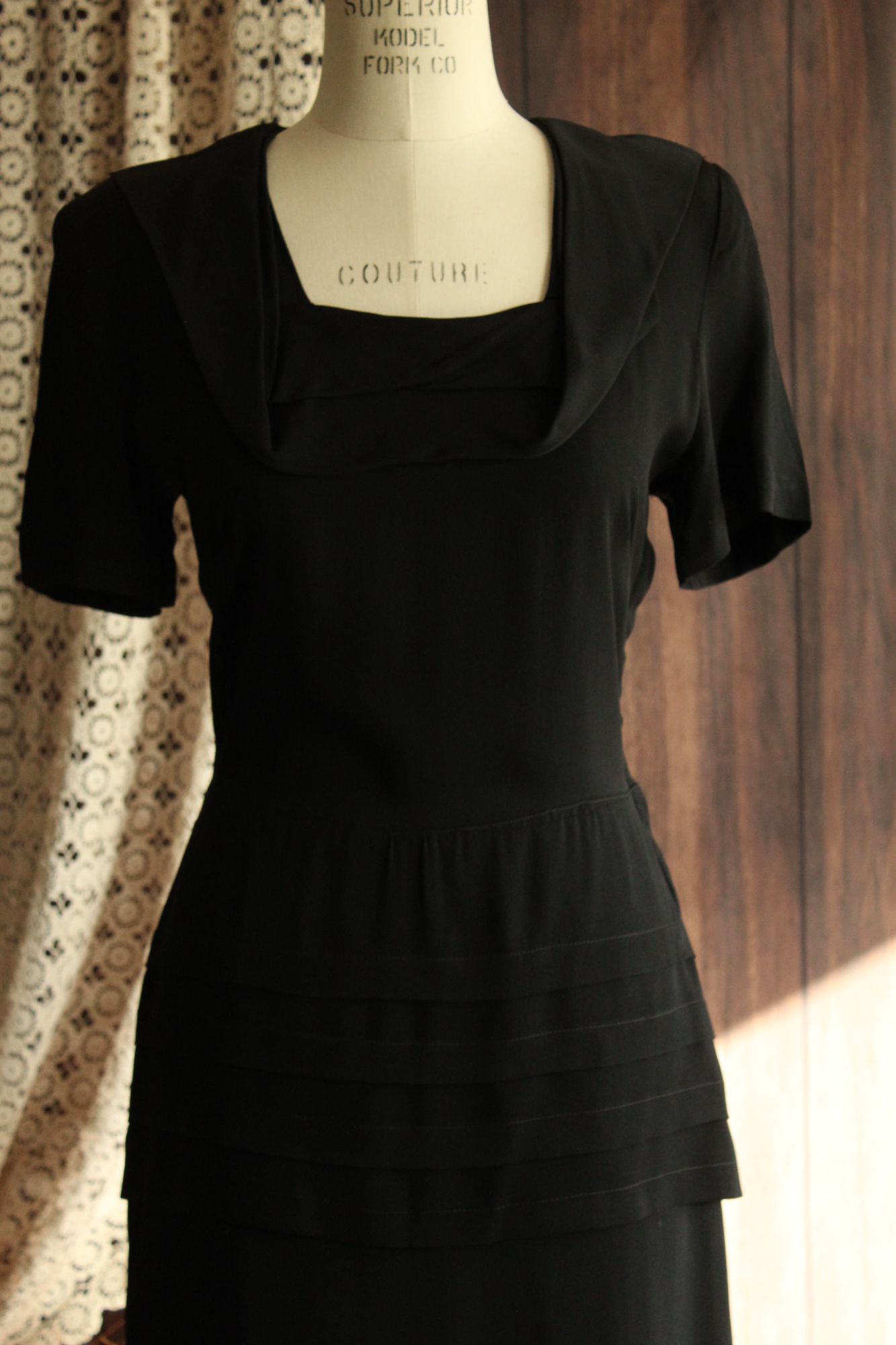 Vintage 1940s Black Rayon Dress With Shawl Collar, Peplum and Shoulder Pads