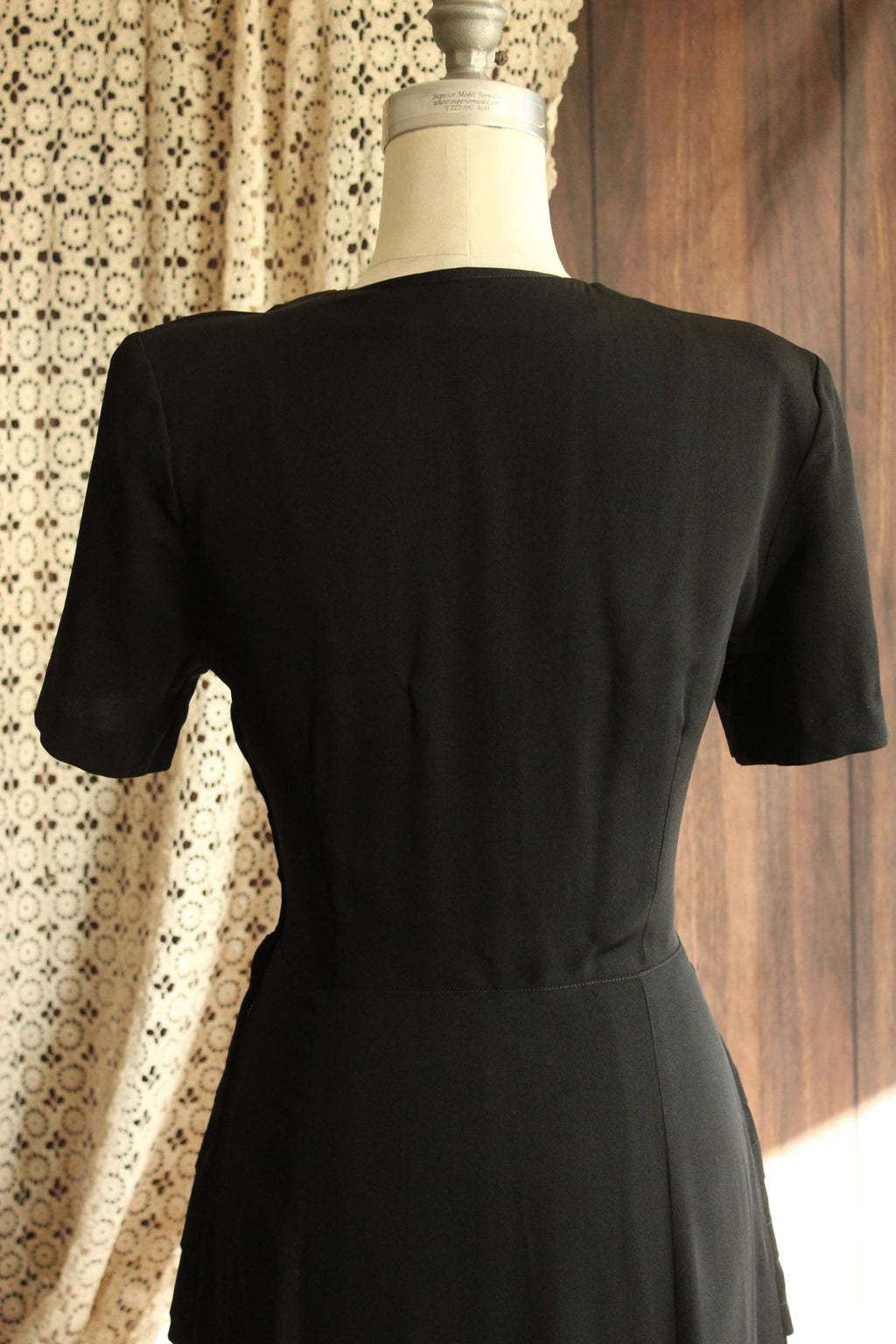 Vintage 1940s Black Rayon Dress With Shawl Collar, Peplum and Shoulder Pads
