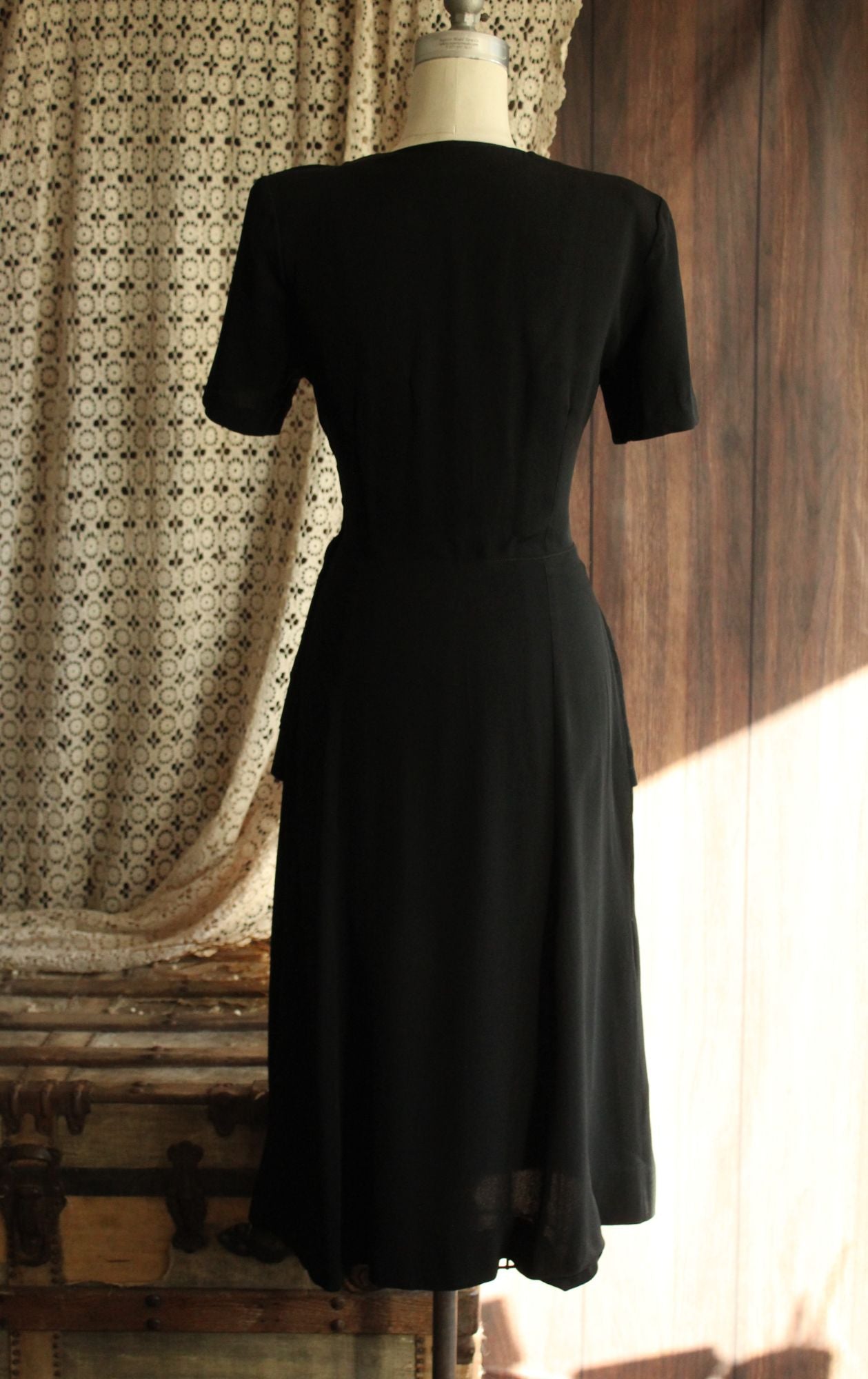 Vintage 1940s Black Rayon Dress With Shawl Collar, Peplum and Shoulder Pads
