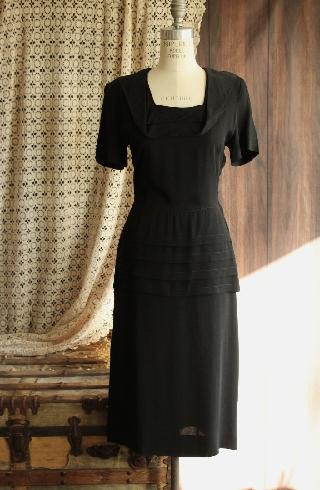 Vintage 1940s Black Rayon Dress With Shawl Collar, Peplum and Shoulder Pads