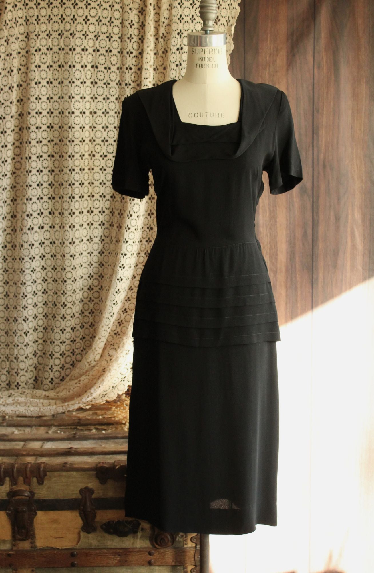 Vintage 1940s Black Rayon Dress With Shawl Collar, Peplum and Shoulder Pads