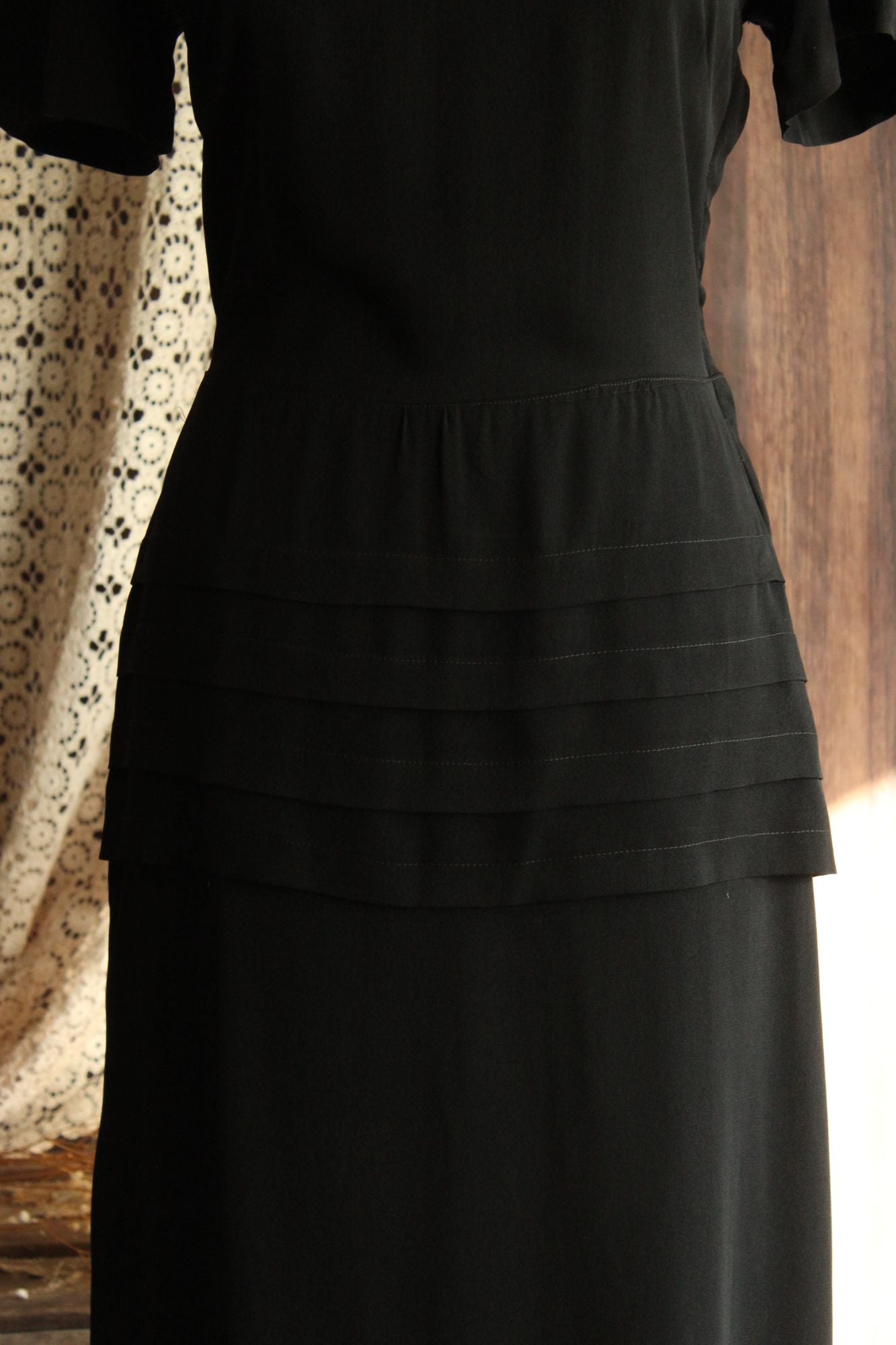 Vintage 1940s Black Rayon Dress With Shawl Collar, Peplum and Shoulder Pads
