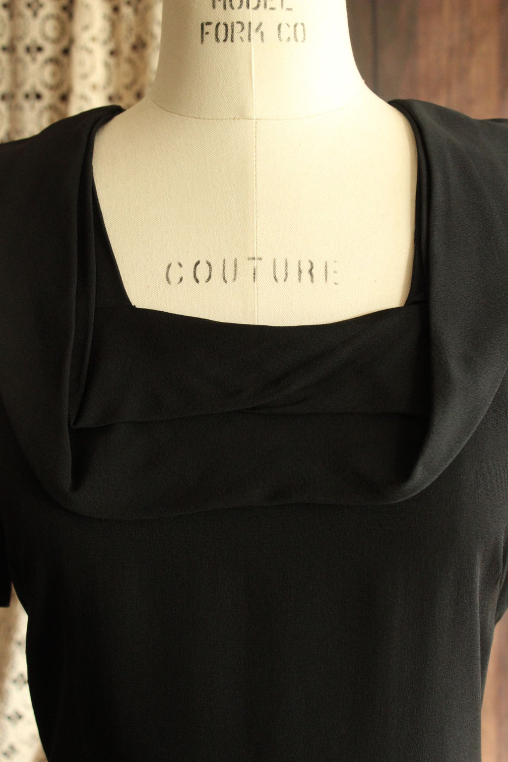 Vintage 1940s Black Rayon Dress With Shawl Collar, Peplum and Shoulder Pads