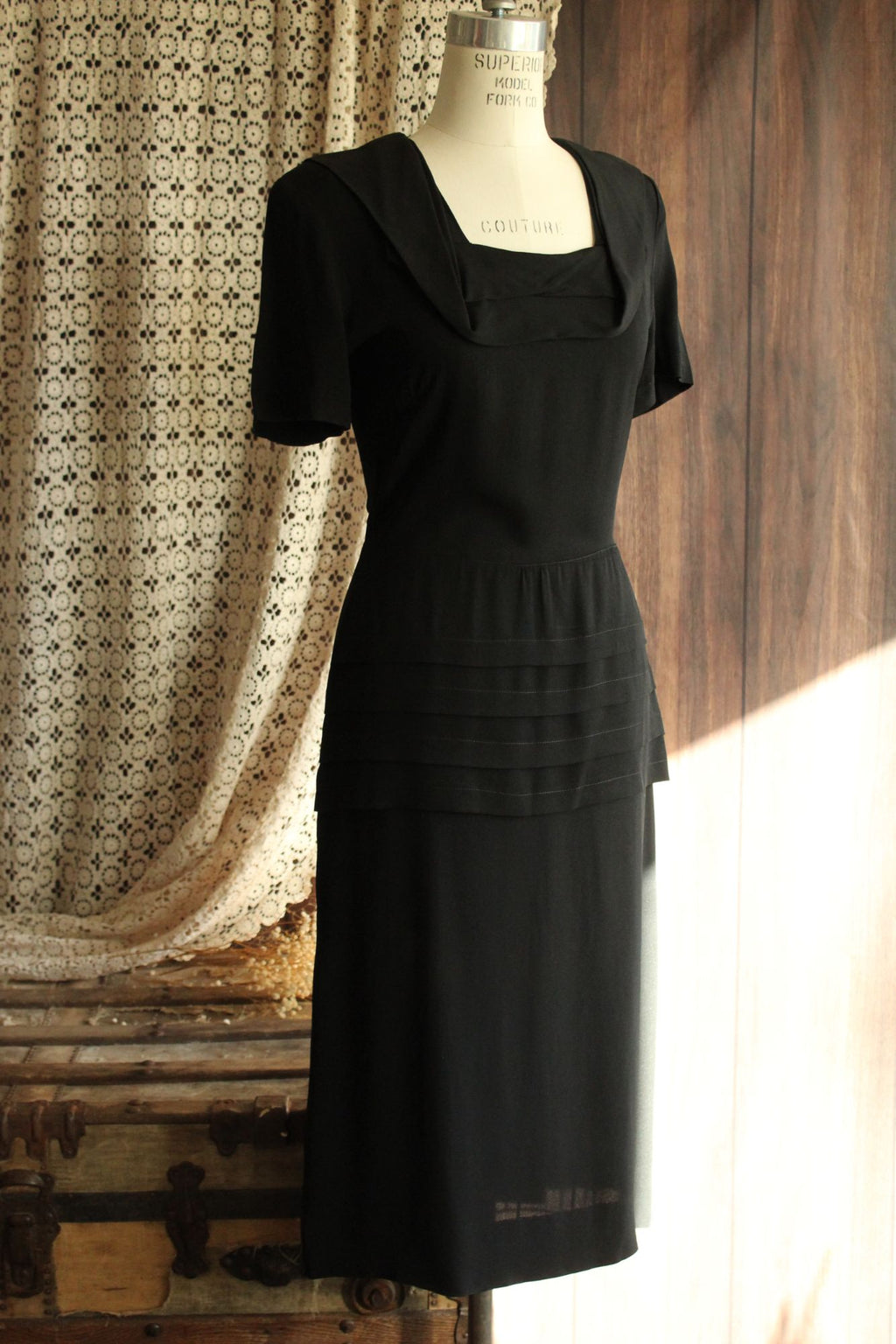 Vintage 1940s Black Rayon Dress With Shawl Collar, Peplum and Shoulder Pads