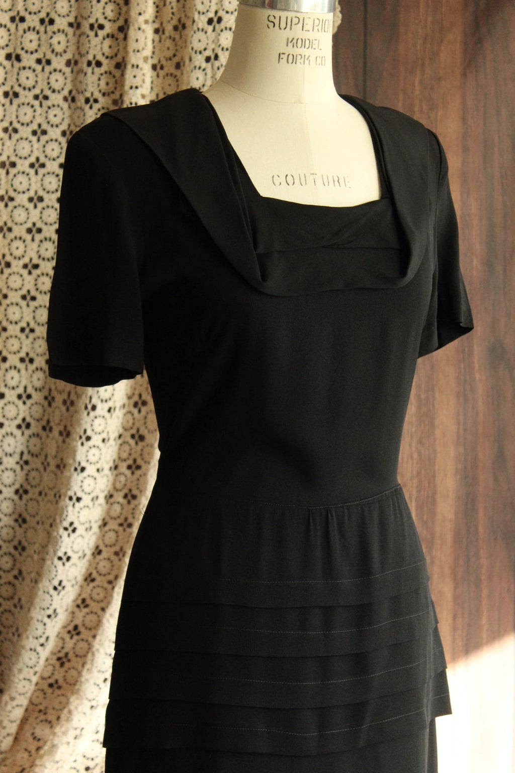 Vintage 1940s Black Rayon Dress With Shawl Collar, Peplum and Shoulder Pads