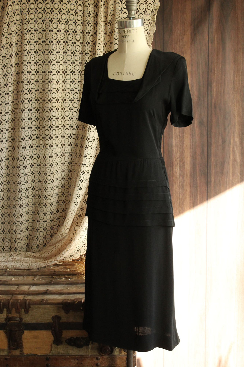 Vintage 1940s Black Rayon Dress With Shawl Collar, Peplum and Shoulder Pads