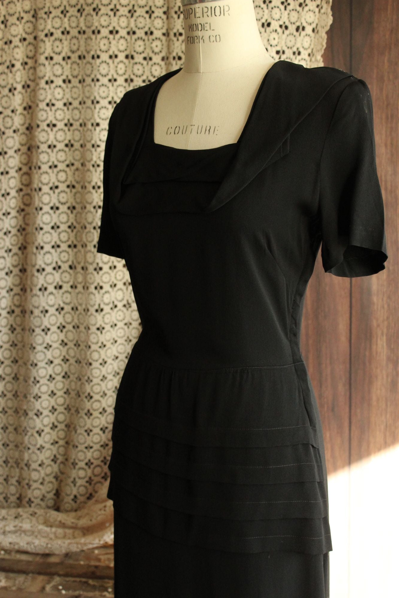 Vintage 1940s Black Rayon Dress With Shawl Collar, Peplum and Shoulder Pads
