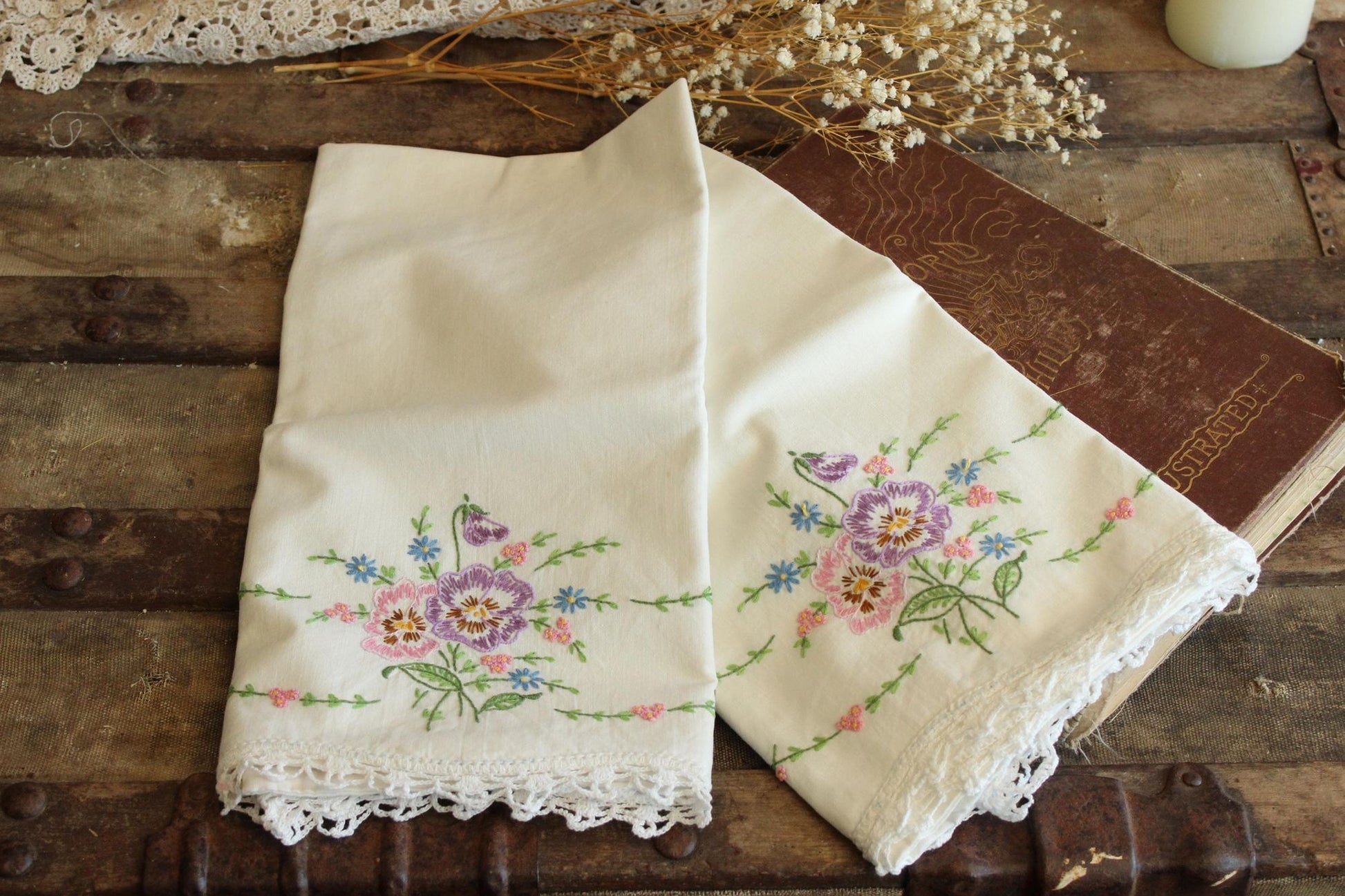 Vintage 1960s Pillowcases with Embroidered Pansy Flowers