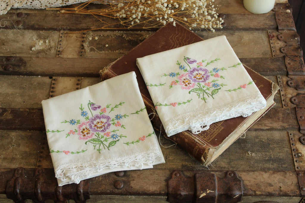 Vintage 1960s Pillowcases with Embroidered Pansy Flowers
