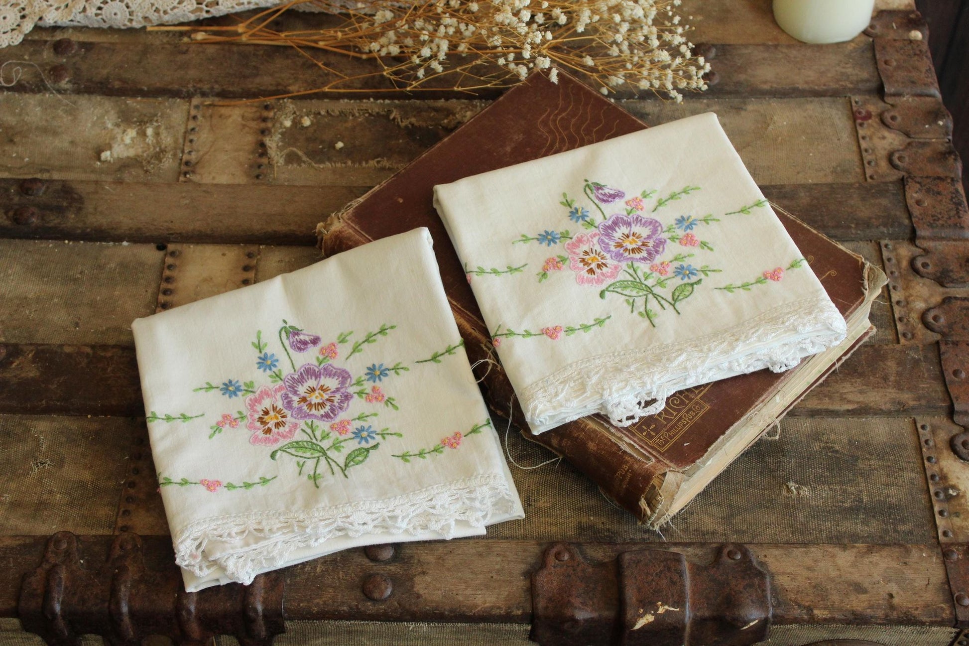 Vintage 1960s Pillowcases with Embroidered Pansy Flowers
