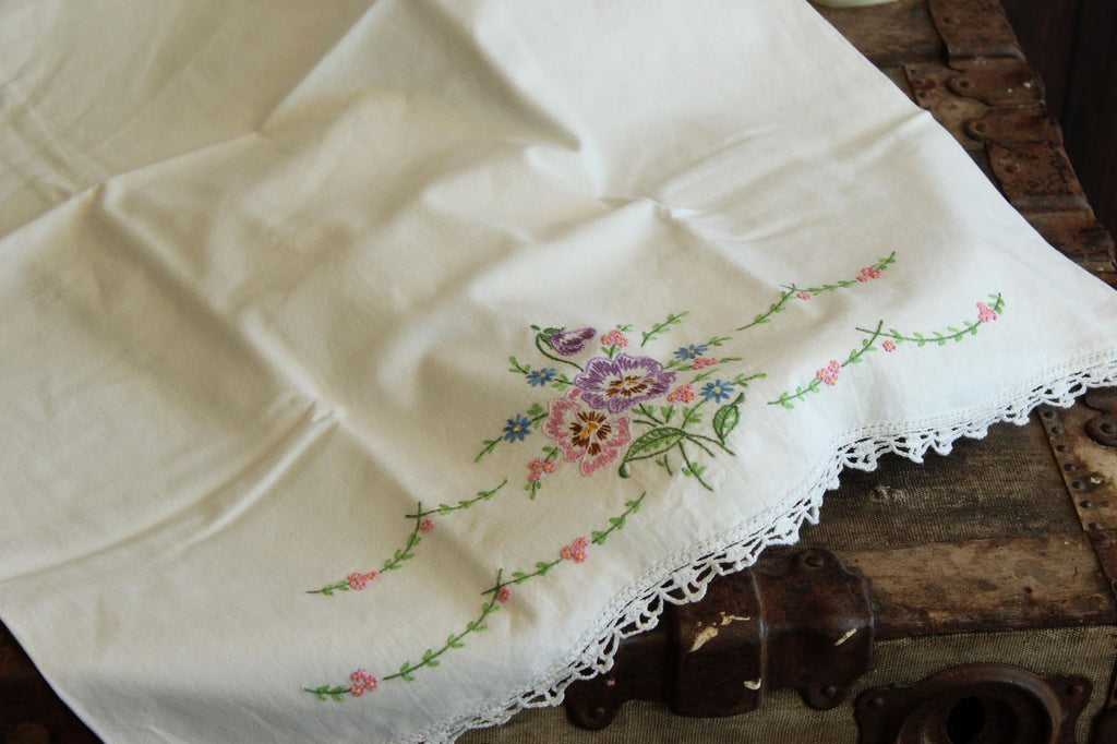 Vintage 1960s Pillowcases with Embroidered Pansy Flowers