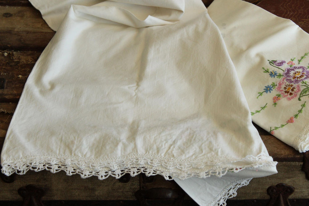 Vintage 1960s Pillowcases with Embroidered Pansy Flowers