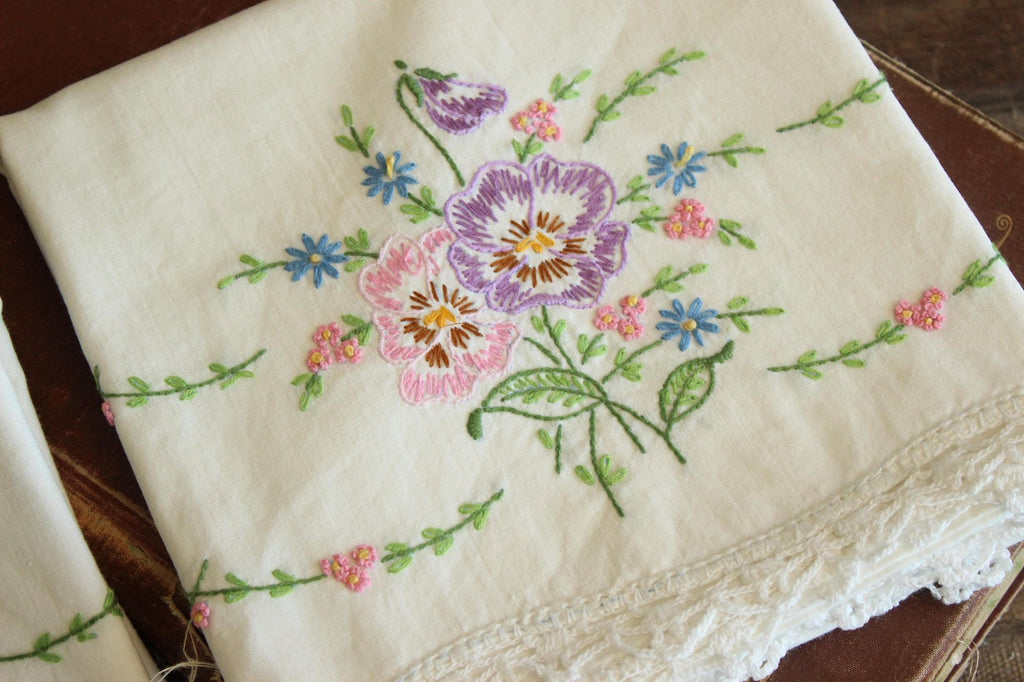 Vintage 1960s Pillowcases with Embroidered Pansy Flowers