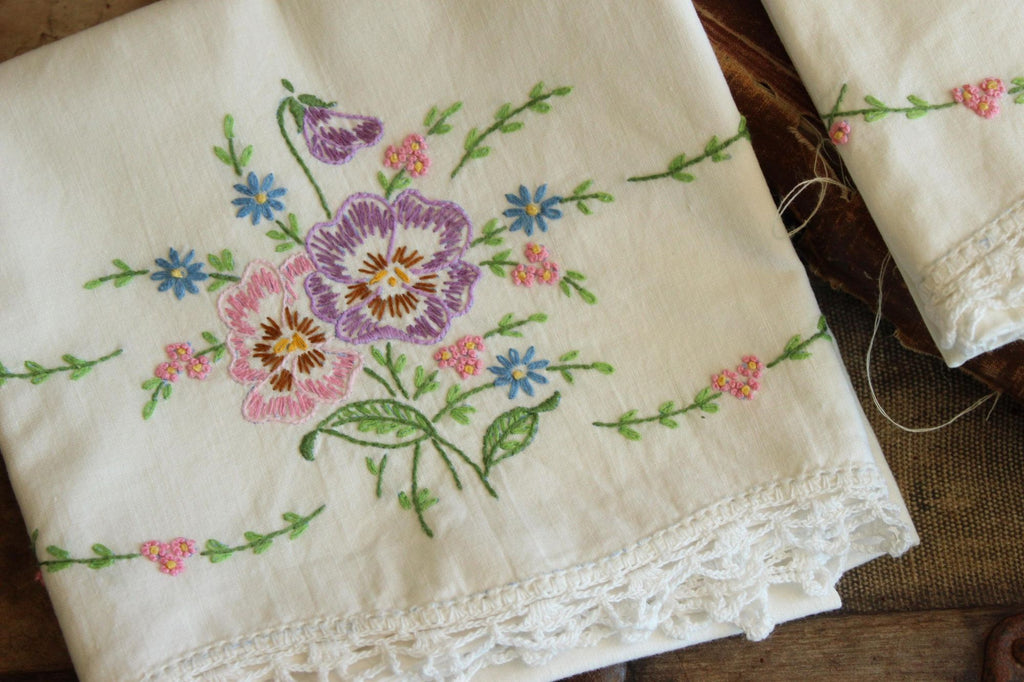 Vintage 1960s Pillowcases with Embroidered Pansy Flowers