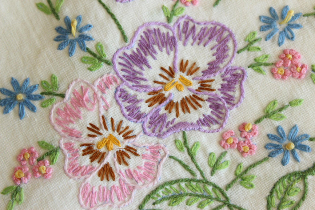 Vintage 1960s Pillowcases with Embroidered Pansy Flowers