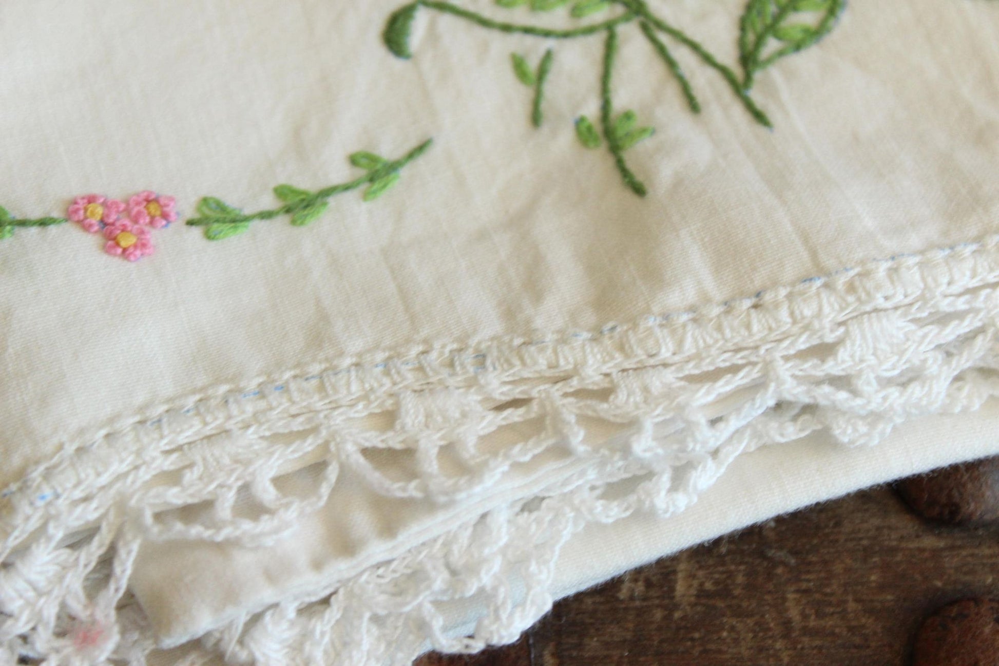 Vintage 1960s Pillowcases with Embroidered Pansy Flowers