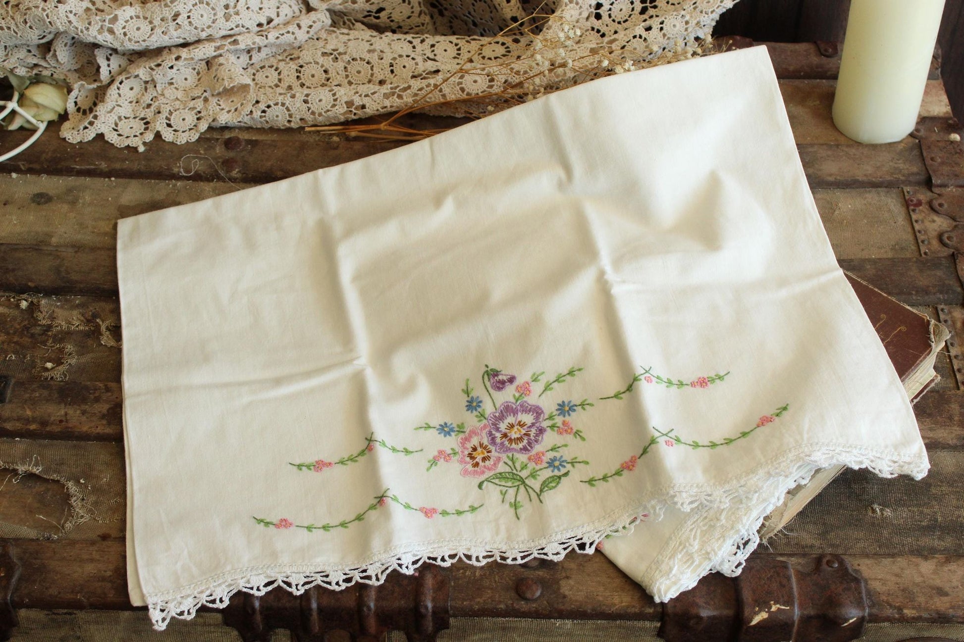 Vintage 1960s Pillowcases with Embroidered Pansy Flowers