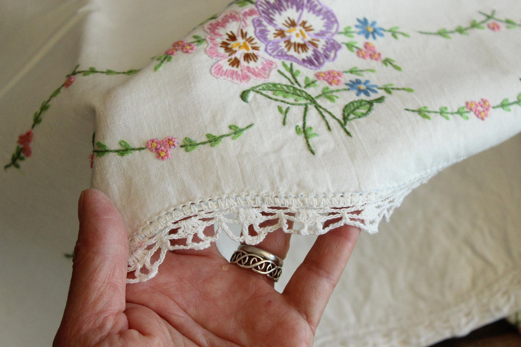 Vintage 1960s Pillowcases with Embroidered Pansy Flowers