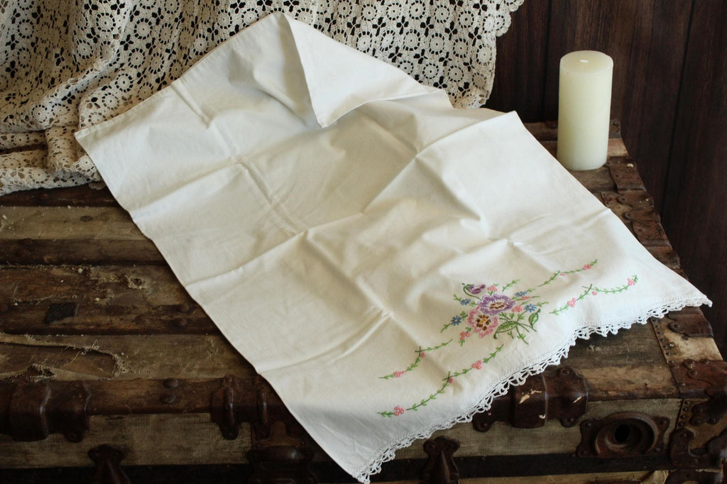 Vintage 1960s Pillowcases with Embroidered Pansy Flowers